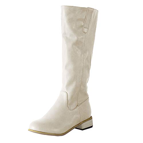 Yowablo - Botas para mujer de piel con tacón bajo, punta redonda beige 41