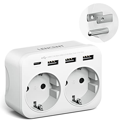 LENCENT Adaptador Enchufe USA/EE.UU, Adaptador Americano de Viaje con 3 Puertos USB y 1 Puerto USB-C, Europa Español 2-Pin a 3-Pin EEUU para México, Canada, Tailandia, Perú, Colombia, Tipo B