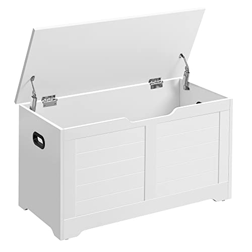 VASAGLE Puff Almacenaje, Banco Almacenaje con 2 Bisagras de Seguridad, Baúl Almacenaje, Banco Zapatero, Estilo Moderno, 40 x 80 x 46 cm, para Pasillo Dormitorio Salón, Blanco LSB063T14