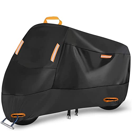 SECELES 300D Funda Moto Exterior Interior, Funda para Moto Impermeable con 4 Tiras Reflectantes y 2 Orificios para Cerradura, Toldo Moto para Kawasaki Yamaha Honda (XXL: 245 x 105 x 125 cm)