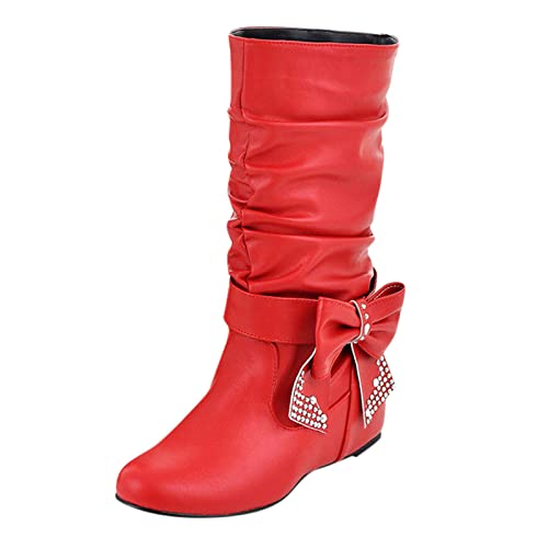 Sunnyuk Botas Mujer Invierno Retro Mujeres Rhinestones Pajarita Tacón Bajo Resbalón En Botas De Media Zapatos De Punta Redonda Regalos Originales