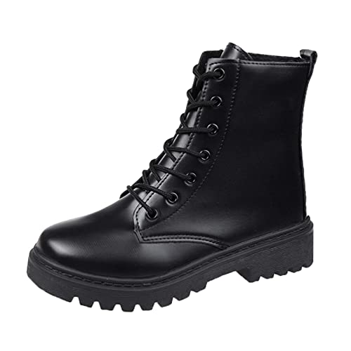 Botas Mujer Invierno Botines de de otoño e Invierno para Mujer, Suela Gruesa de tacón bajo, Suela Antideslizante, Punta Redonda, con Cordones, Color sólido, Negro, Estilo Informal