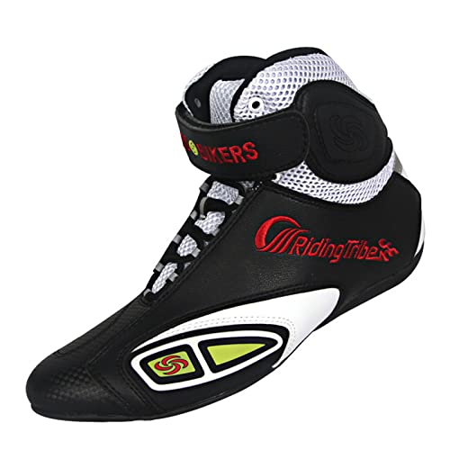 WUHX Botas de Motociclista para Hombre - Botas de Cuero para Motocicleta Touring Racing Zapatos Deportivos Suela de Goma Antideslizante Zapatos Impermeables,Black-44