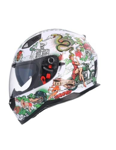 SHIRO HELMETS Casco Moto Integral ECE Homologado OLDSKULL Blanco SH881 EDICION Limitada Casco con Doble Visera Solar Casco Hombre Casco Mujer Casco Unisex L