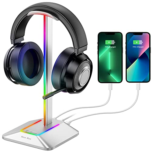 New Bee Soporte Auriculares, Soporte Cascos RGB con Cargador USB Tipo C y Transferencia de Datos, Universal, Soporte para Auriculares Gaming Extraíble, Soporte para Todos los Auriculares (Plateado)