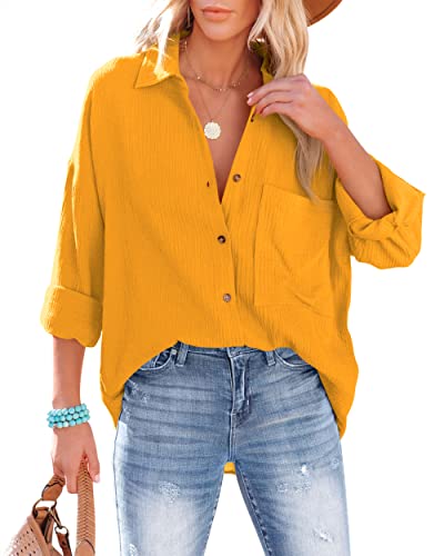 NONSAR Blusa de mujer informal, con cuello en V, 100 % algodón, corte holgado, color liso, gruesa, elegante, con bolsillo, amarillo, XXL