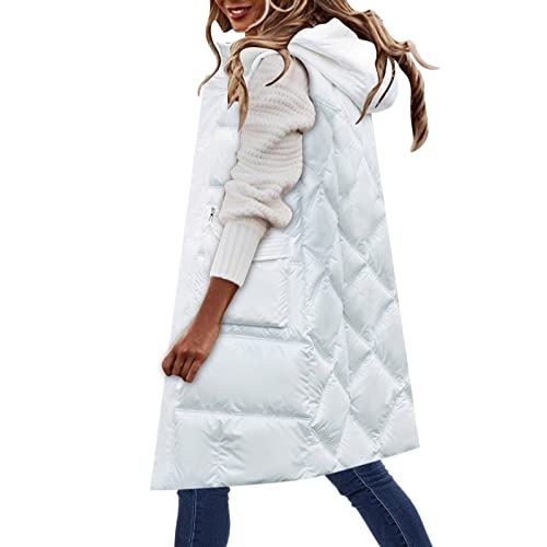 Dasongff Chaleco sin mangas para mujer chic – Chaqueta polar para mujer con capucha, abrigo para mujer, invierno, chaqueta larga, chaqueta de moto, talla grande, cárdigan largo otoño, B-blanco., XXL