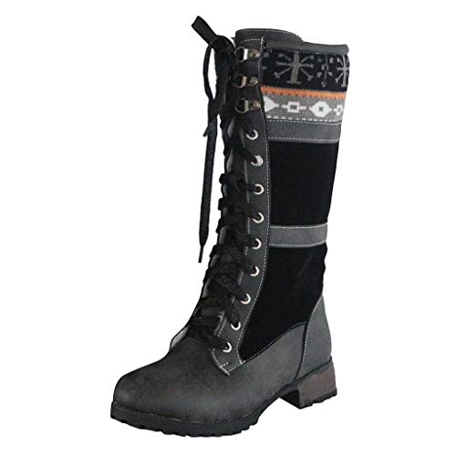 Botas de mujer modernas planas con puntera redonda y tacón bajo con cordones, tubo central occidental Negro 45