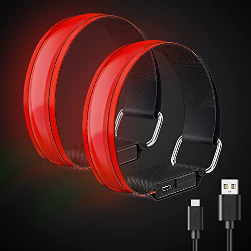 2pcs Pulsera LED Recargable, Brazalete LED USB, Brazalete LED, Brazalete Reflectante para Andar en Bicicleta/Correr/Caminar/Conciertos (Rojo-USB)