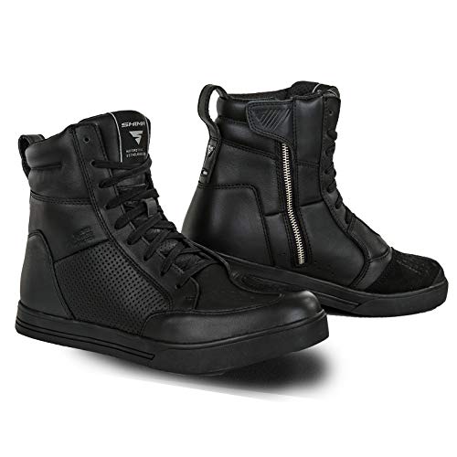 SHIMA Blake Zapatos de Motocicleta para Hombres | Cuero, Transpirables, Zapatos de calle reforzados con cremallera lateral, Soporte de tobillo, Suela antideslizante, Almohadilla de cambio (Negro, 44)