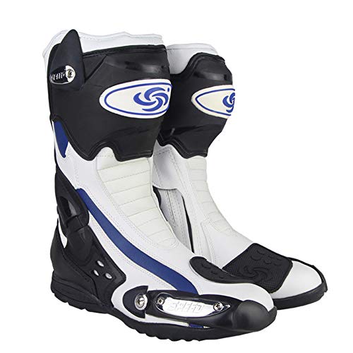 MRDEAR Botas Moto Hombre, Zapatos de Motociclismo Botas de Motocross Cuero de Microfibra Impermeables Botas Deportivas Protectoras, Negro/ Rojo/ Blanco (42 EU,Blanco)