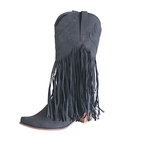 Zapatos de tacón bajo con borlas y Punta de Cuero para Mujer Botas Vaqueras Tobilleras Occidentales Botas Moteras Mujer Negras