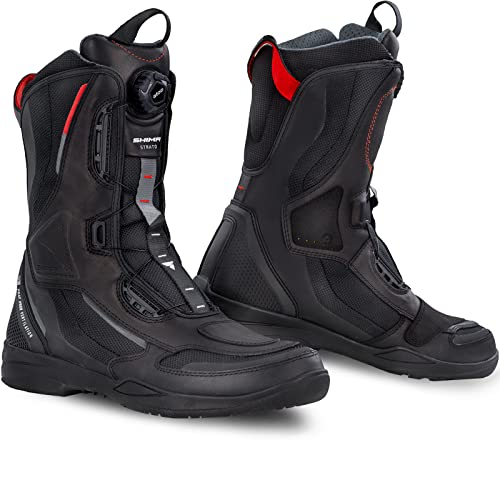 SHIMA STRATO Botas Moto Hombre, Transpirables, Reforzadas, Ligeras Botas de Moto Adventure Touring con Sistema de Cierre Rápido ATOP, Protección de Tobillos, Suela Antideslizante Negro, 41 eu