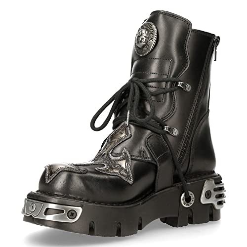 New Rock 107-C5 Botas Unisex en Cuero Azul y Negro con Calavera Gótica Estilo Motociclista Punk 40
