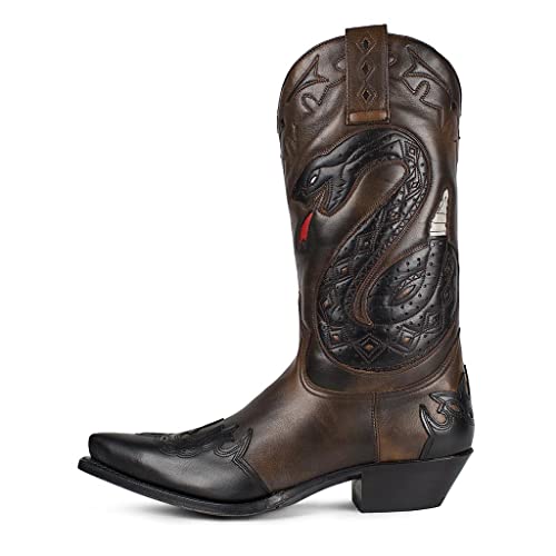 Sendra Boots - 3379 Botas Camperas de Hombre Altas con Tacon con Punta Fina - Estilo Cowboy en Piel Marron y Negro con Bordado de Serpiente - 43
