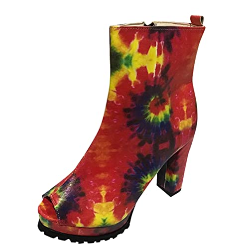 Botines gruesos con cremallera para mujer, botines individuales, zapatos para mujer, botas de tacón alto para mujer, compatibles con moto y hombres, rojo, 39 EU