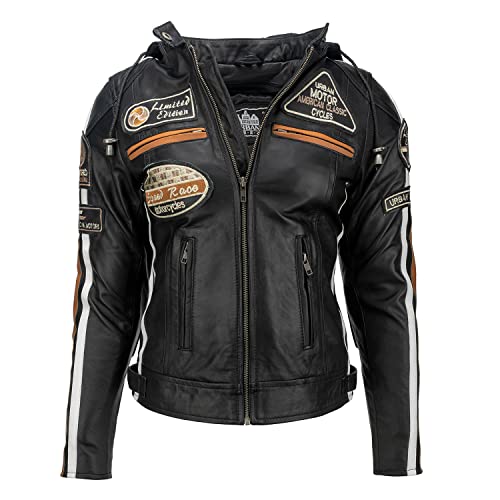 Urban GoCo 58 Leren Bikerjack - Chaqueta Moto Mujer de Cuero Urban Leather '58 LADIES', Chaqueta Cuero Mujer, Cazadora Moto de Piel de Cordero, Armadura Removible para Espalda, Hombros y Codos Aprobada por la CE |Negro, M