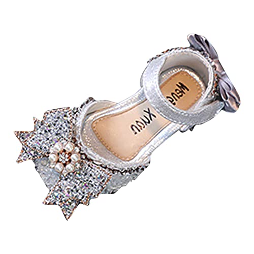Botines Juveniles Zapatos de Vestir para niñas de Primavera y Verano a la Moda, Zapatos de actuación de Baile, de Cinta de Lentejuelas con de imitación y Perlas Bota De (Silver, 29.5 Little Child)