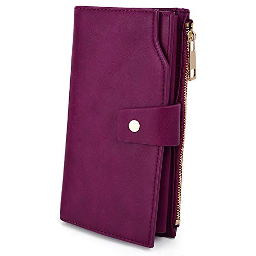 UTO - Mujer Cartera de Bloqueo de RFID PU Cuero Monedero Largo 21 Ranuras para Tarjetas Monedero Gran Capacidad Bolsillo para Móvil Violeta