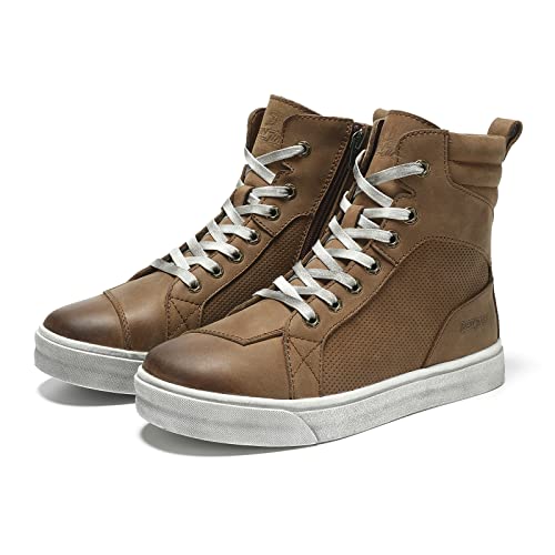 BORLENI Zapatos de moto para hombre de cuero botas de moto zapatillas de deporte de moto transpirable informal para hombre cremallera con almohadilla de cambio suela antideslizante (marrón, 42)