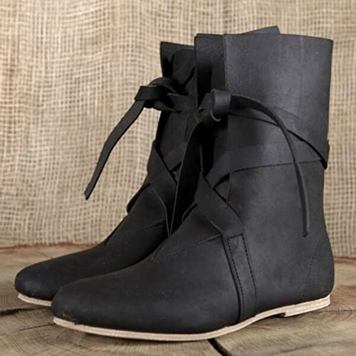 USUWE Botas de Cuero de Cabeza Redonda y Fondo Plano Medieval Botas de Caballero de Cuero PU de imitación Retro Botas de Cuero para Hombres y Mujeres, 34-48(Negro,47)