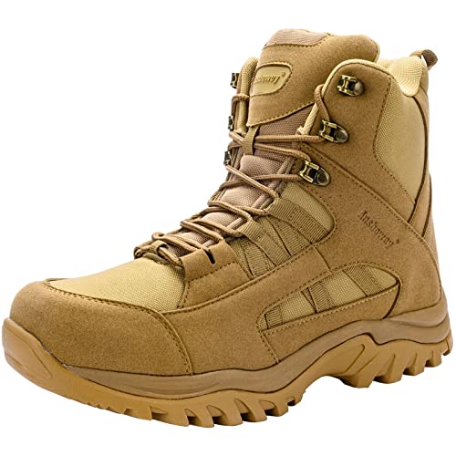 Ansbowey Botas Militares Tacticas Hombre Mujer Alta Botas para Senderismo/Montaña/Trekking/Policiales Patrulla/Moto con YKK Cremallera Lateral color Marrón talla 42 EU