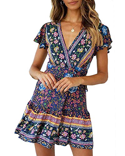 ABYOVRT Mujer Vestido Bohemio Corto Florales Nacional Verano Vestido Casual Magas Cortas Chic de Noche Playa Vacaciones,Azul Oscuro,M