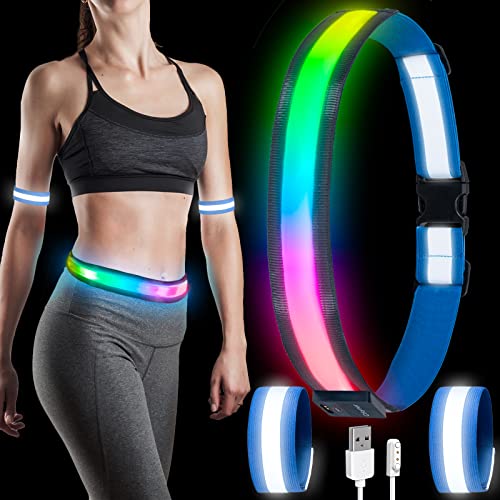 Cikyner Cinturón Reflectante Led de 6 Colores, Luz de Correr Recargables por USB para Corredores, Luz de Correr con Dos Brazaletes Reflectantes, Ideal para Correr de Noche Senderismo Trotar