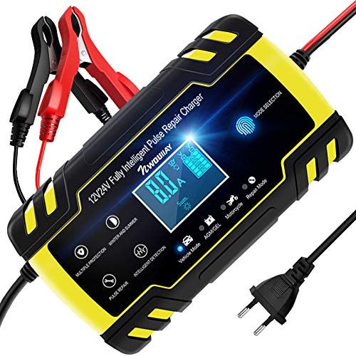 NWOUIIAY Cargador de Batería 8A 12V/4A 24V Mantenimiento Automático Inteligente Pantalla Táctil con Múltiples Protecciones para Coche Moto ATV RV Barco