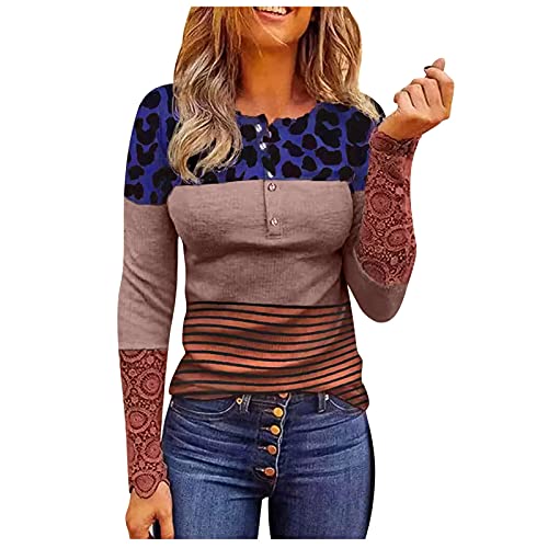 Camiseta de manga larga para mujer, túnica de encaje, top sexy, a rayas, jersey Henley, blusa de primavera, otoño, sudadera con cuello en V, elegante camiseta de corte ajustado, Blau, S