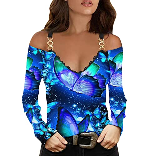 T Camisetas para mujer, elegante manga larga, túnica de encaje, hombros descubiertos, jersey sexy, cuello en V, blusas estampadas, sudadera informal, suéter de manga larga, Blau, M