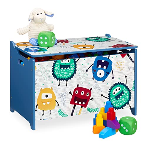 Relaxdays Caja Juguetes Diseño Monstruos, Baúl Infantil Almacenaje con Tapa, Arcón Niños, 39x60x36,5cm, MDF, Azul/Blanco, Tablero de Fibra